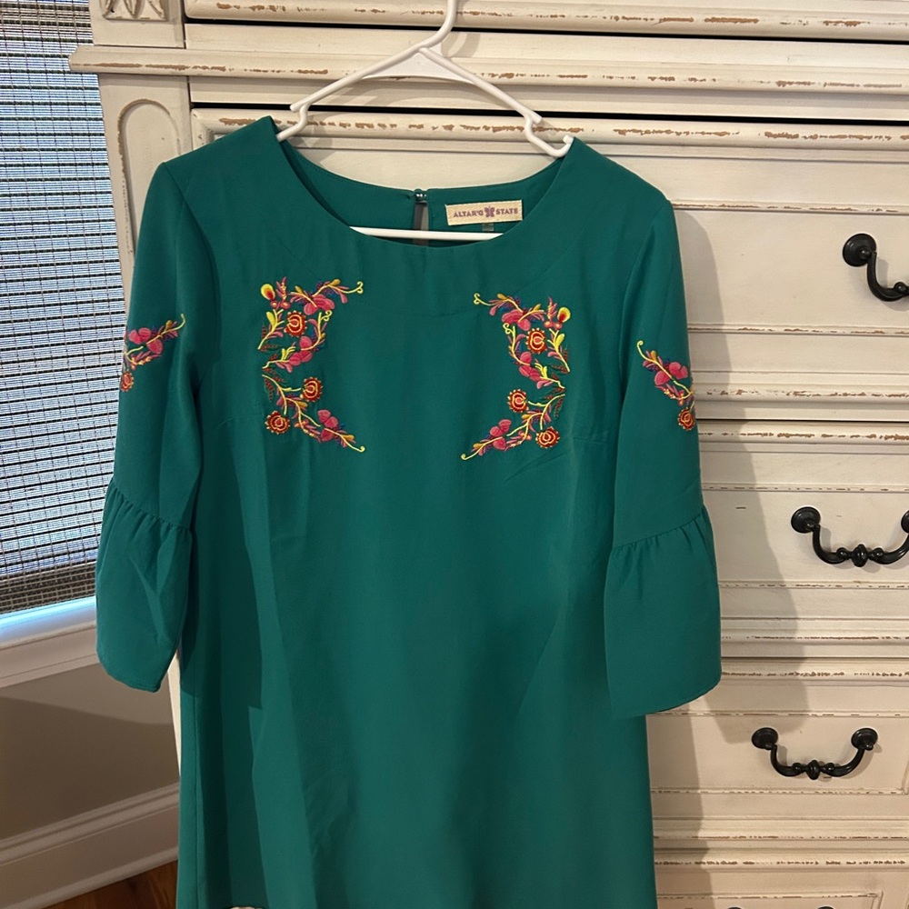 Altar'd State Green Dress with Floral Embroidery